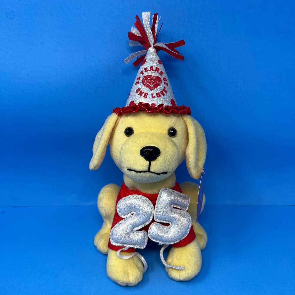 Raising Canes 25th Birthday Plush 9 Inch Yellow Dog Party Hat Red Shirt 2022